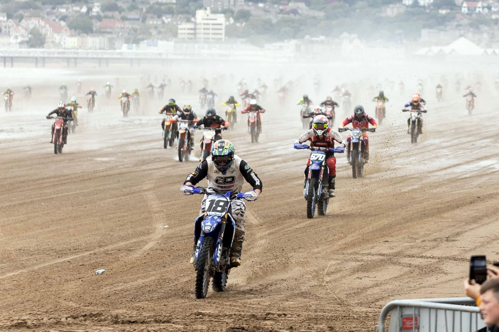 Hundreds of motorbike riders race across the shoreline at the Weston-super-Mare Beach Race