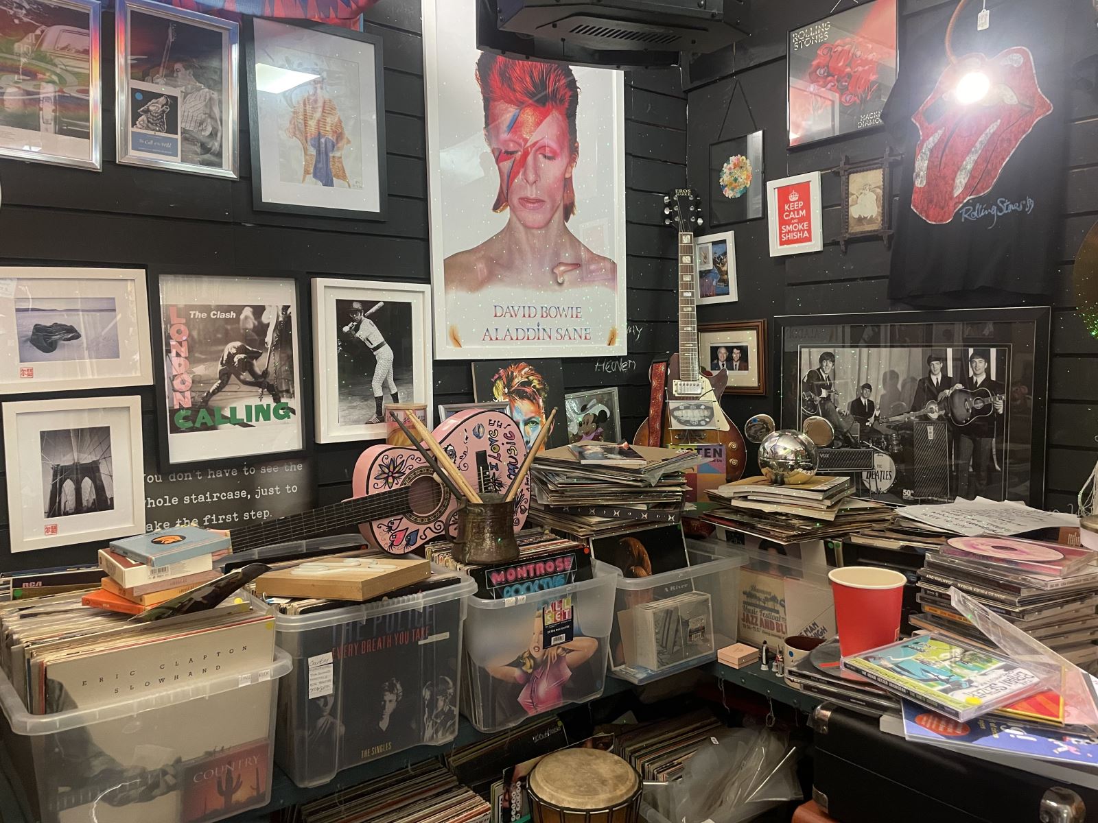 A market stall featuring records and music memorabilia 