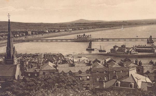 Sepia tone elevated image of Weston-super-Mare's Grand Pier showing its extension