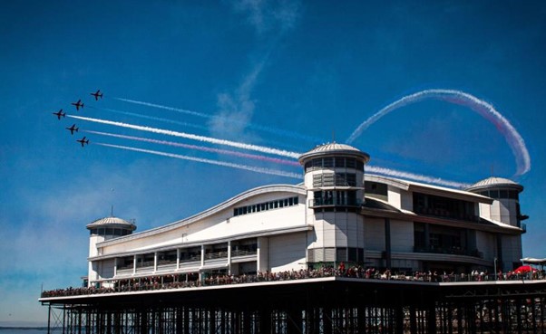 The Red Arrows flying over Weston-super-Mare's Grand Pier